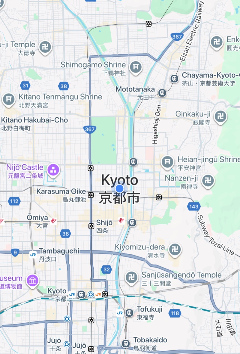 Map of Kyoto with temples and stations marked